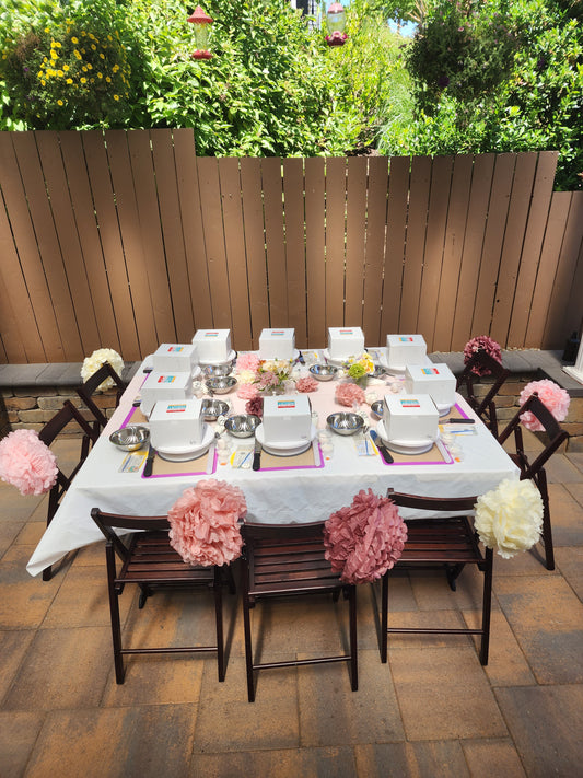 Cake Hoopla set up a tea-party themed DIY cake-decorating party is set up at a customer's home in the Portland area.