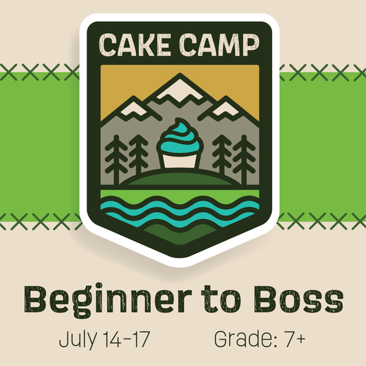 Cake camp badge for Cake Hoopla's Beginner to Boss cake camp in Tigard, Oregon near Portland, July 14-17, 2025 for grades 7-12.