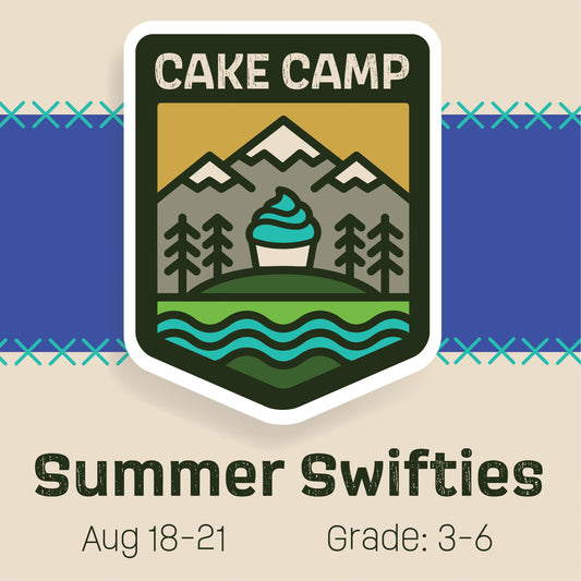 Cake Camp badge for Cake Hoopla's Summer Swifties cake camp, August 18-21, 2025, for grades 3-6.