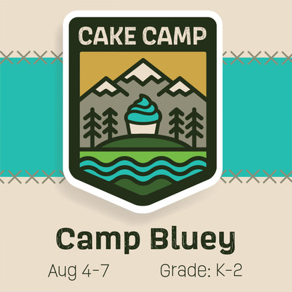 Cake camp badge for Cake Hoopla's Camp Bluey themed cake camp on August 4-7, 2025 in Tigard, Oregon near Portland for grades kindergarten through 2.