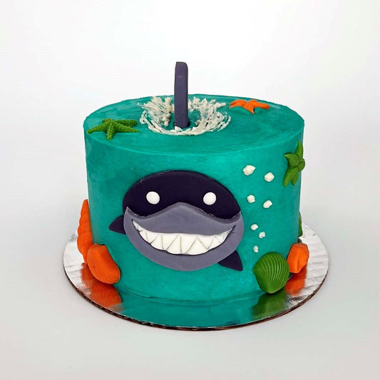 A cake frosted in teal with green and orange shells and a shark face and tail coming out of the cake; a pre-decorated cake available for pick up at Cake Hoopla in Tigard, Oregon, in the Portland area.